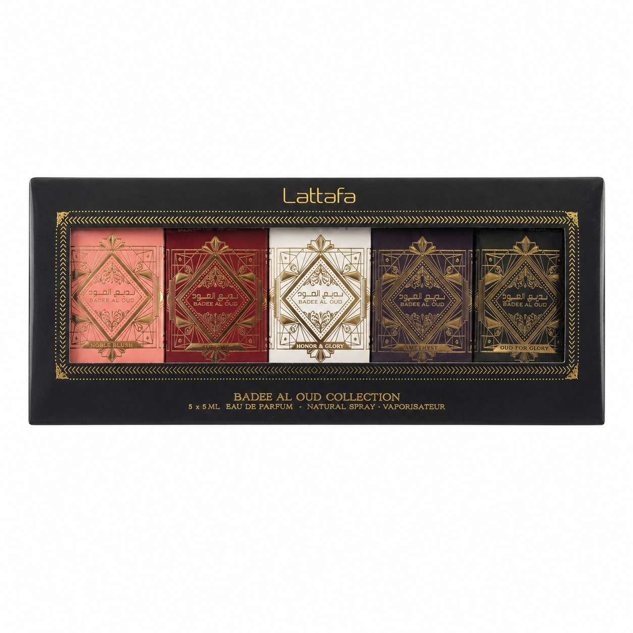 Kit Miniaturas Lattafa Badee Al Oud Collection 5x5ml – Perfumes Árabes Eau de Parfum