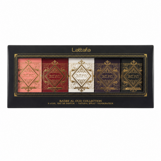 Kit Miniaturas Lattafa Badee Al Oud Collection 5x5ml – Perfumes Árabes Eau de Parfum